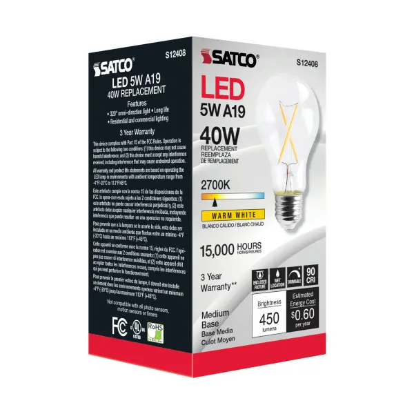 5 Watt A19 LED Filament - Clear - Medium Base - 2700K - 90 CRI - 120 Volt - Image 4