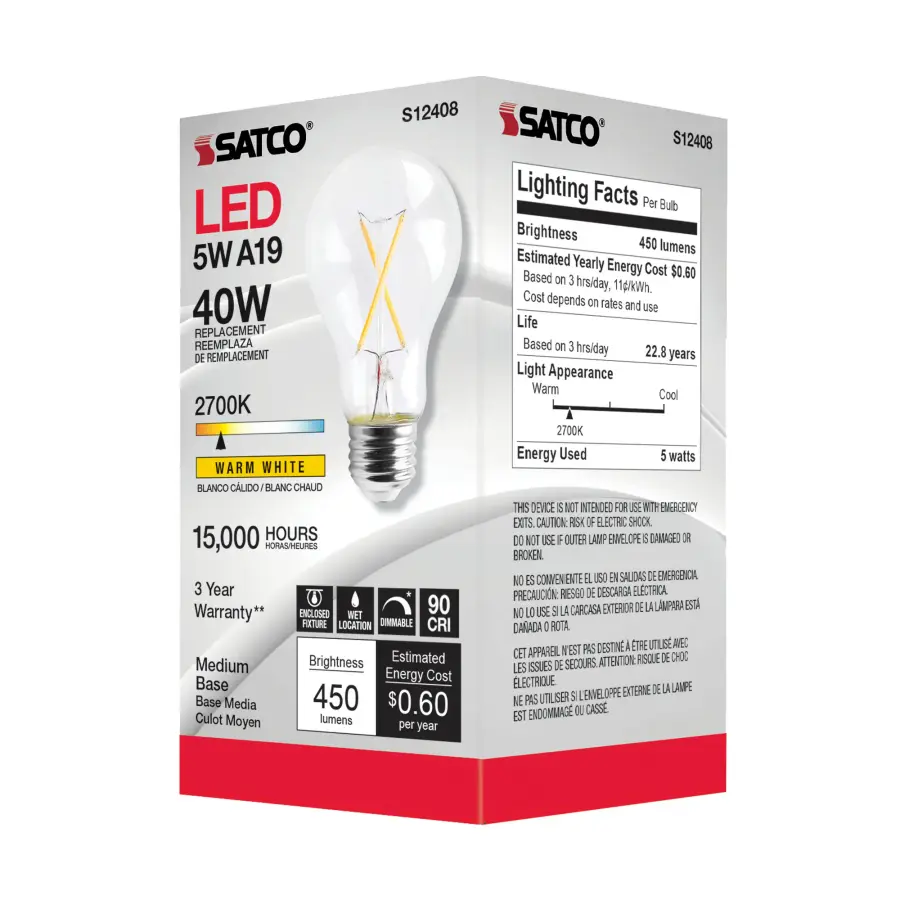 5 Watt A19 LED Filament - Clear - Medium Base - 2700K - 90 CRI - 120 Volt - Image 5