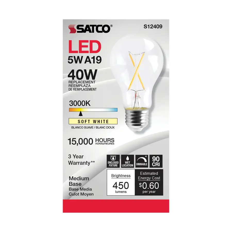 5 Watt A19 LED Filament - Clear - Medium Base - 3000K - 90 CRI - 120 Volt - Image 2