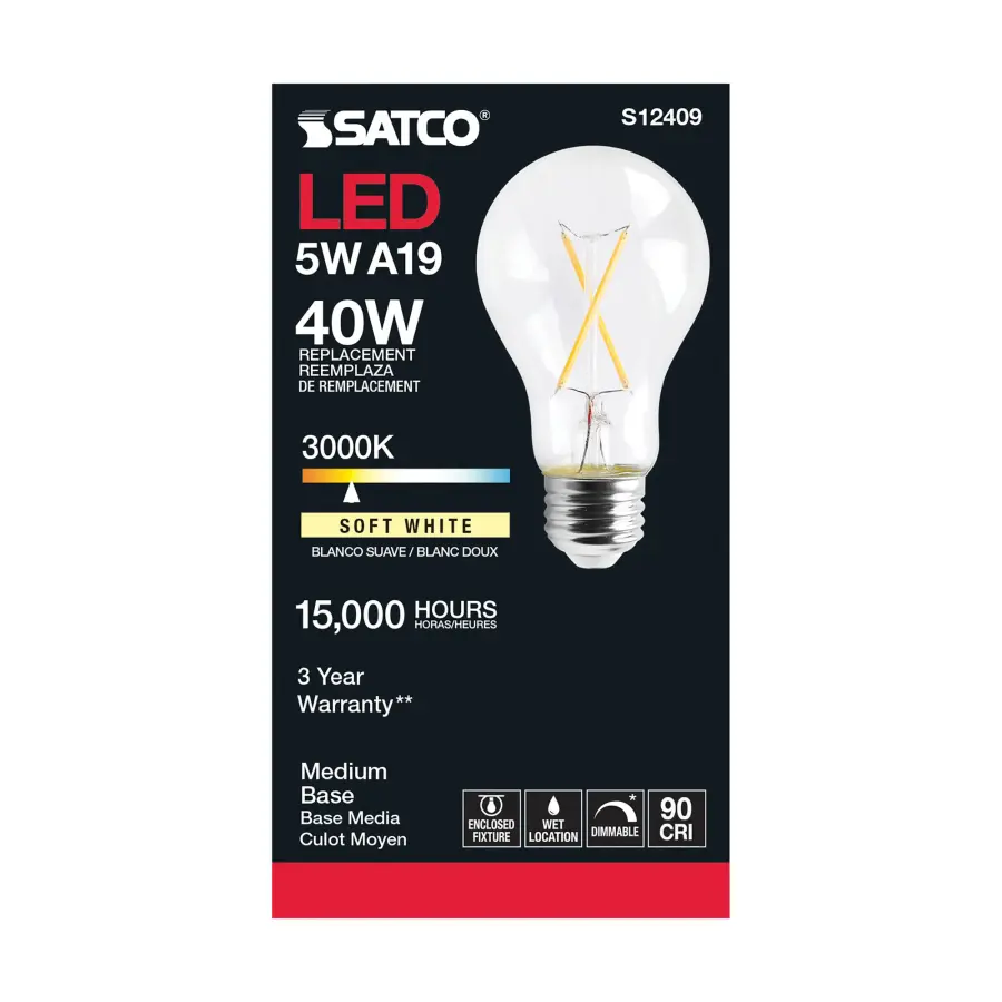 5 Watt A19 LED Filament - Clear - Medium Base - 3000K - 90 CRI - 120 Volt - Image 3