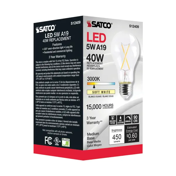 5 Watt A19 LED Filament - Clear - Medium Base - 3000K - 90 CRI - 120 Volt - Image 4
