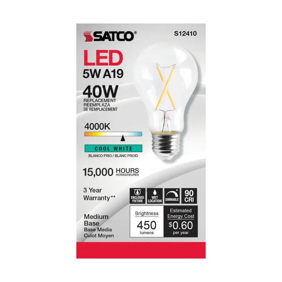 5 Watt A19 LED Filament - Clear - Medium Base - 4000K - 90 CRI - 120 Volt - Image 2
