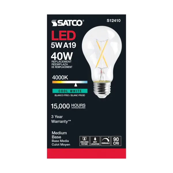 5 Watt A19 LED Filament - Clear - Medium Base - 4000K - 90 CRI - 120 Volt - Image 3