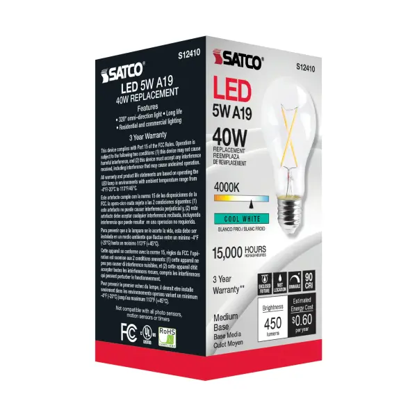 5 Watt A19 LED Filament - Clear - Medium Base - 4000K - 90 CRI - 120 Volt - Image 4