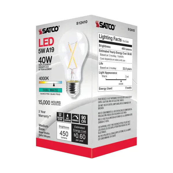 5 Watt A19 LED Filament - Clear - Medium Base - 4000K - 90 CRI - 120 Volt - Image 5