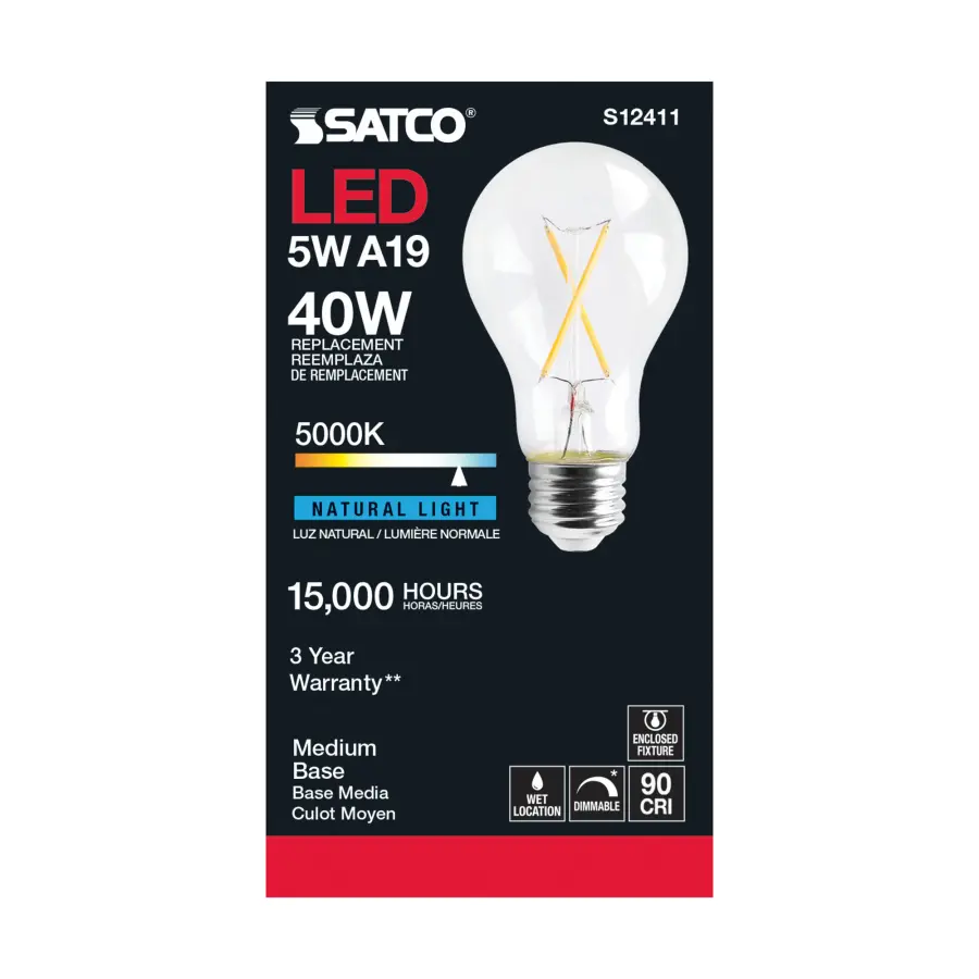 5 Watt A19 LED Filament - Clear - Medium Base - 5000K - 90 CRI - 120 Volt - Image 3