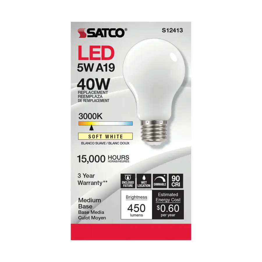 5 Watt A19 LED Filament - Soft White - 3000K - Medium base - 90 CRI - 120 Volt - Image 2