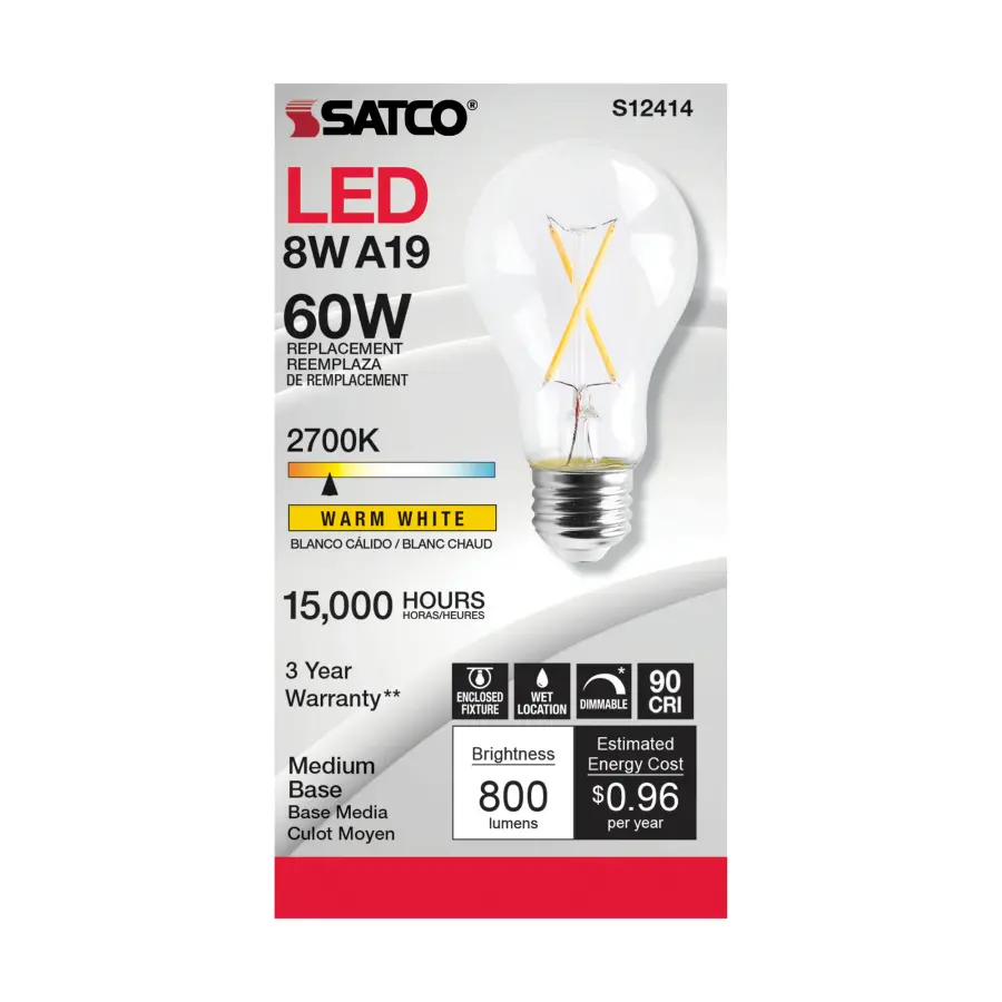 8 Watt A19 LED Filament - Clear - Medium Base - 2700K - 90 CRI - 120 Volt - Image 2