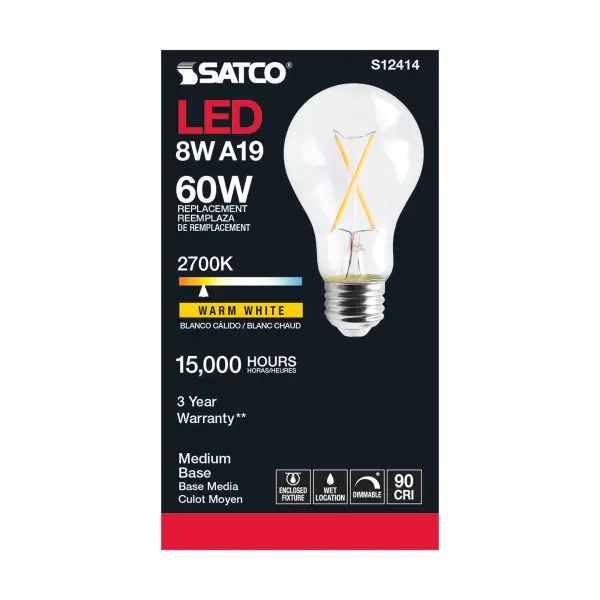 8 Watt A19 LED Filament - Clear - Medium Base - 2700K - 90 CRI - 120 Volt - Image 3