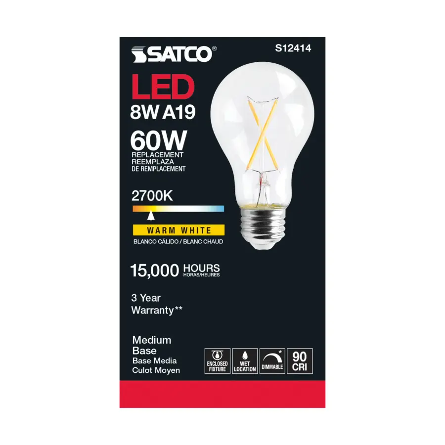 8 Watt A19 LED Filament - Clear - Medium Base - 2700K - 90 CRI - 120 Volt - Image 3