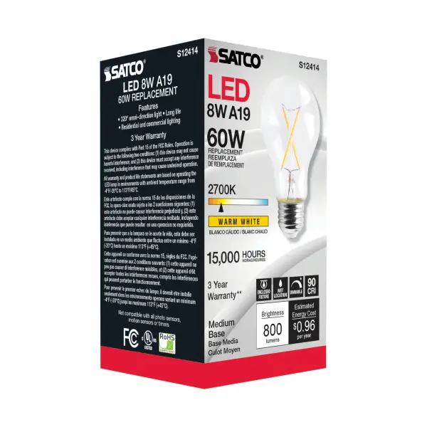 8 Watt A19 LED Filament - Clear - Medium Base - 2700K - 90 CRI - 120 Volt - Image 4