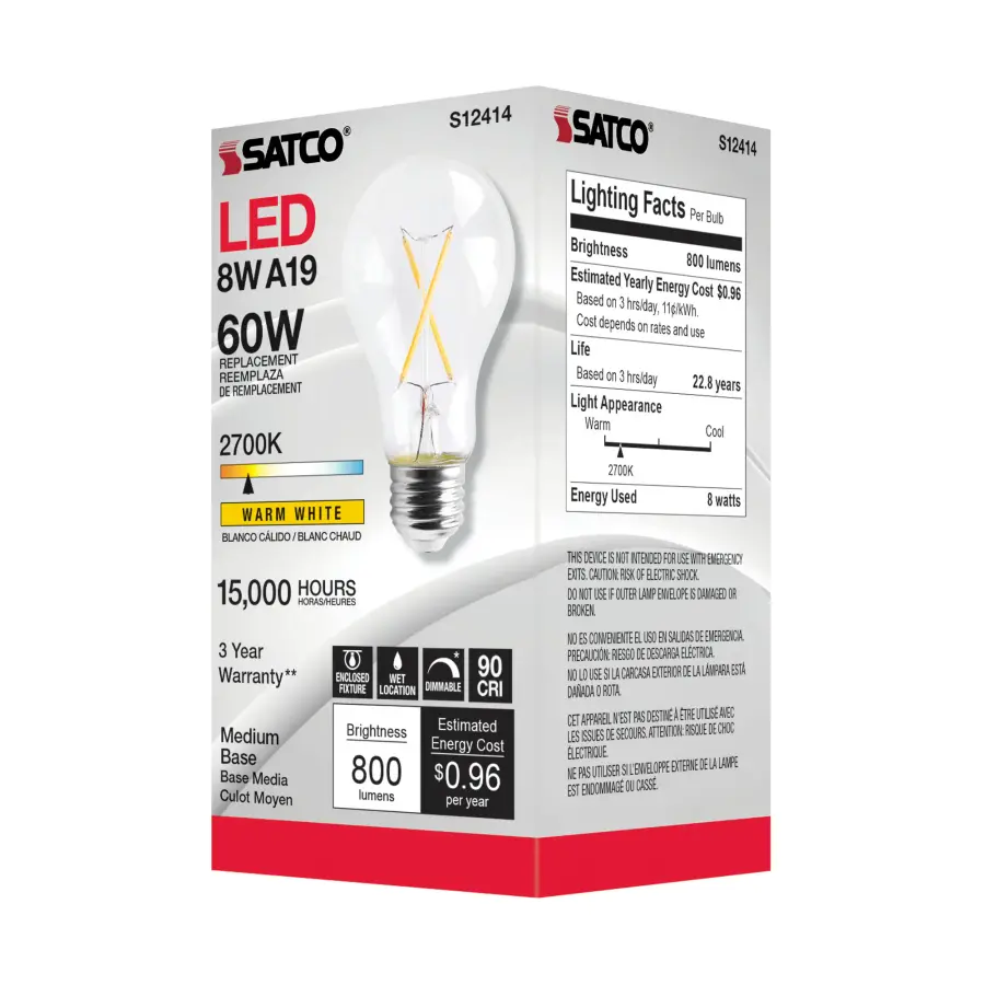 8 Watt A19 LED Filament - Clear - Medium Base - 2700K - 90 CRI - 120 Volt - Image 5