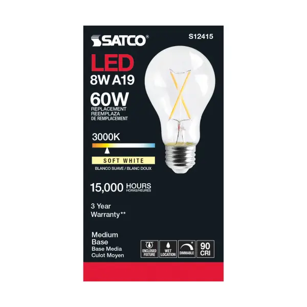 8 Watt A19 LED Filament - Clear - Medium Base - 3000K - 90 CRI - 120 Volt - Image 3