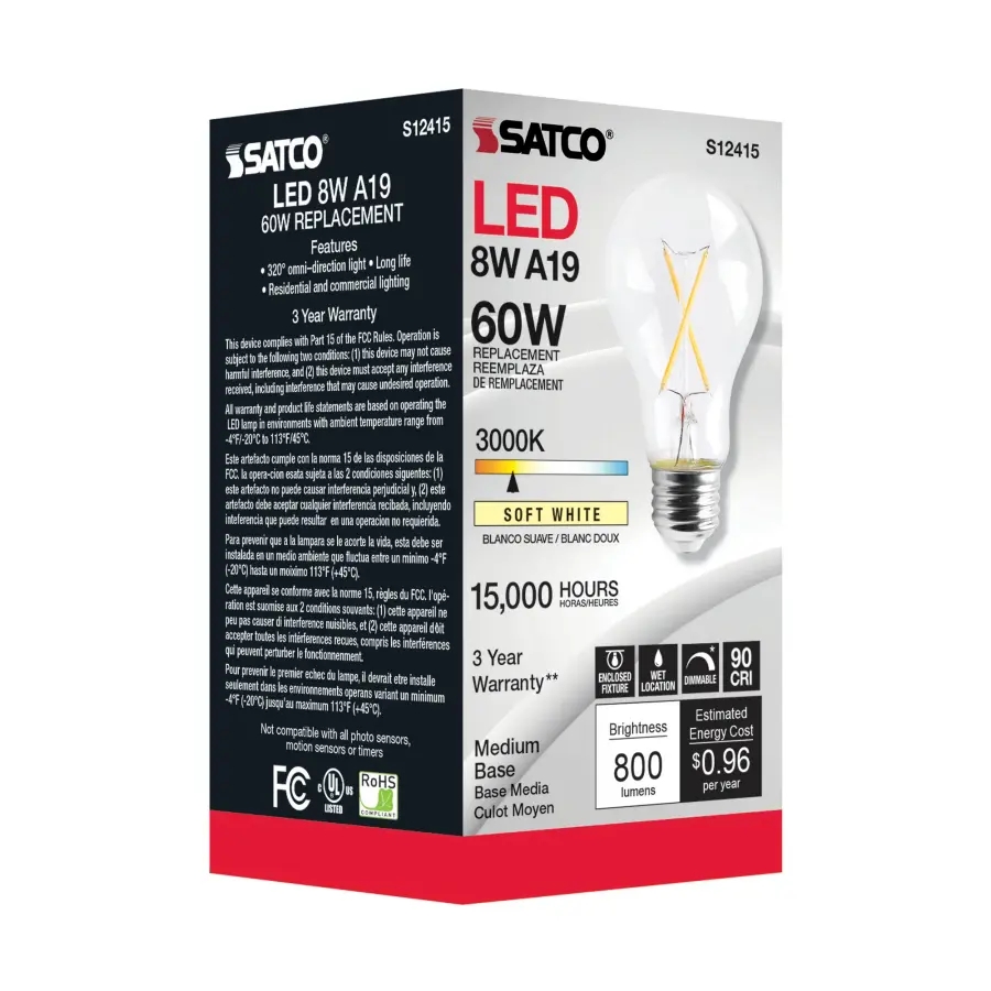 8 Watt A19 LED Filament - Clear - Medium Base - 3000K - 90 CRI - 120 Volt - Image 4