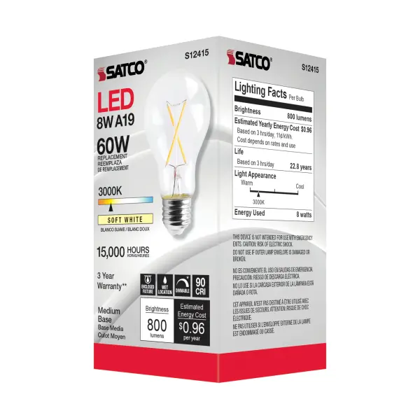 8 Watt A19 LED Filament - Clear - Medium Base - 3000K - 90 CRI - 120 Volt - Image 5