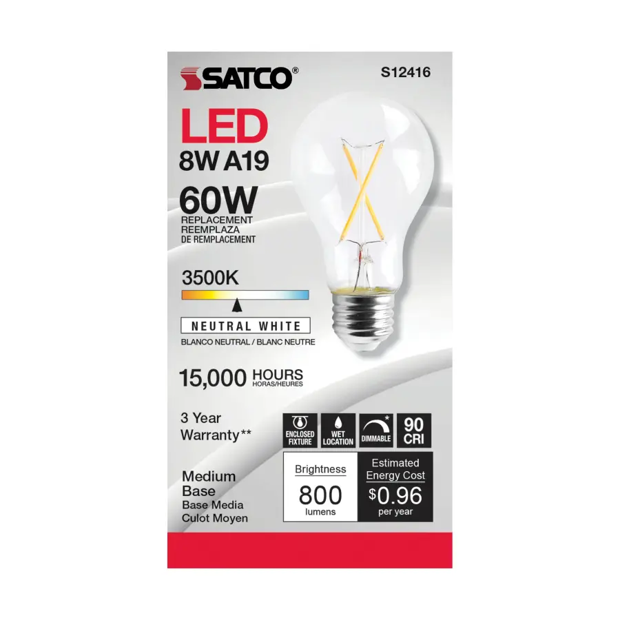 8 Watt A19 LED Filament - Clear - Medium Base - 3500K - 90 CRI - 120 Volt - Image 2