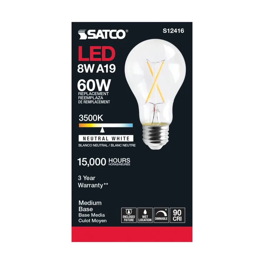 8 Watt A19 LED Filament - Clear - Medium Base - 3500K - 90 CRI - 120 Volt - Image 3