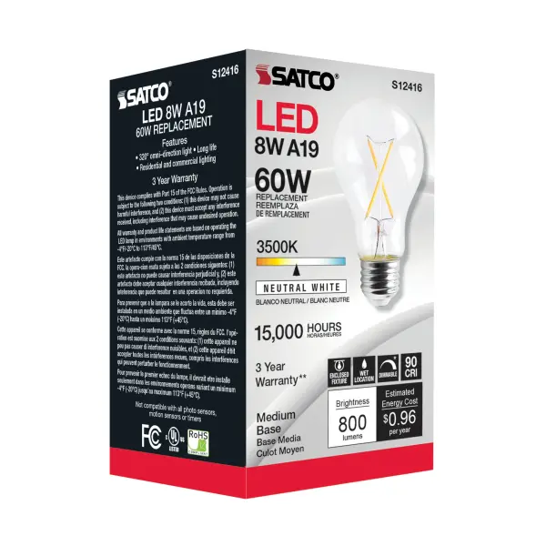 8 Watt A19 LED Filament - Clear - Medium Base - 3500K - 90 CRI - 120 Volt - Image 4