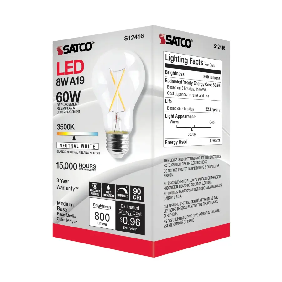 8 Watt A19 LED Filament - Clear - Medium Base - 3500K - 90 CRI - 120 Volt - Image 5