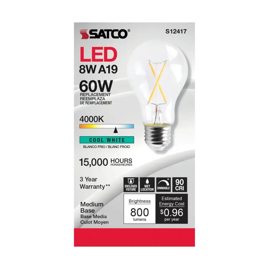 8 Watt A19 LED Filament - Clear - Medium Base - 4000K - 90 CRI - 120 Volt - Image 2