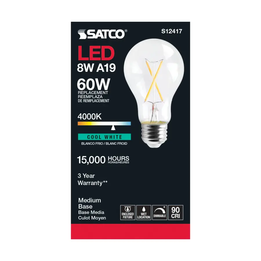 8 Watt A19 LED Filament - Clear - Medium Base - 4000K - 90 CRI - 120 Volt - Image 3