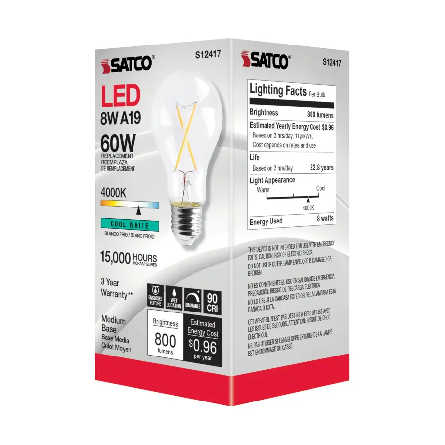 8 Watt A19 LED Filament - Clear - Medium Base - 4000K - 90 CRI - 120 Volt - Image 5
