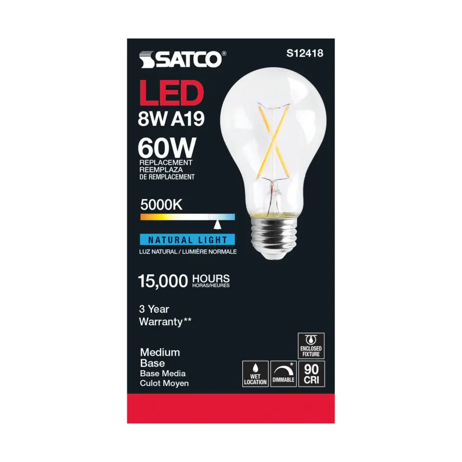 8 Watt A19 LED Filament - Clear - Medium Base - 5000K - 90 CRI - 120 Volt - Image 3