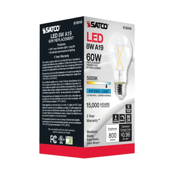 8 Watt A19 LED Filament - Clear - Medium Base - 5000K - 90 CRI - 120 Volt - Image 4