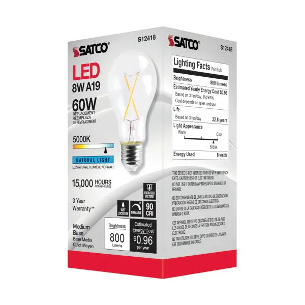 8 Watt A19 LED Filament - Clear - Medium Base - 5000K - 90 CRI - 120 Volt - Image 5