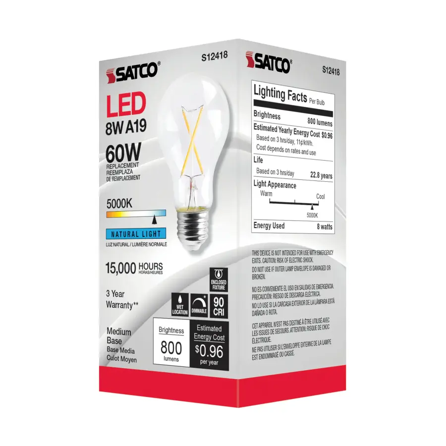 8 Watt A19 LED Filament - Clear - Medium Base - 5000K - 90 CRI - 120 Volt - Image 5