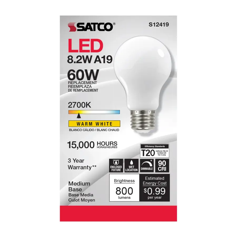 8.2 Watt A19 LED Filament - Soft White - Medium Base - 2700K - 90 CRI - 120 Volt - Image 2