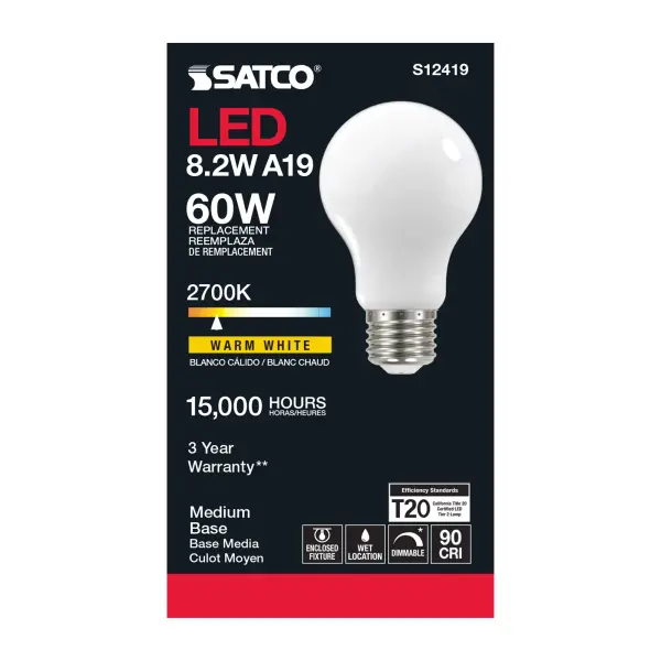 8.2 Watt A19 LED Filament - Soft White - Medium Base - 2700K - 90 CRI - 120 Volt - Image 3