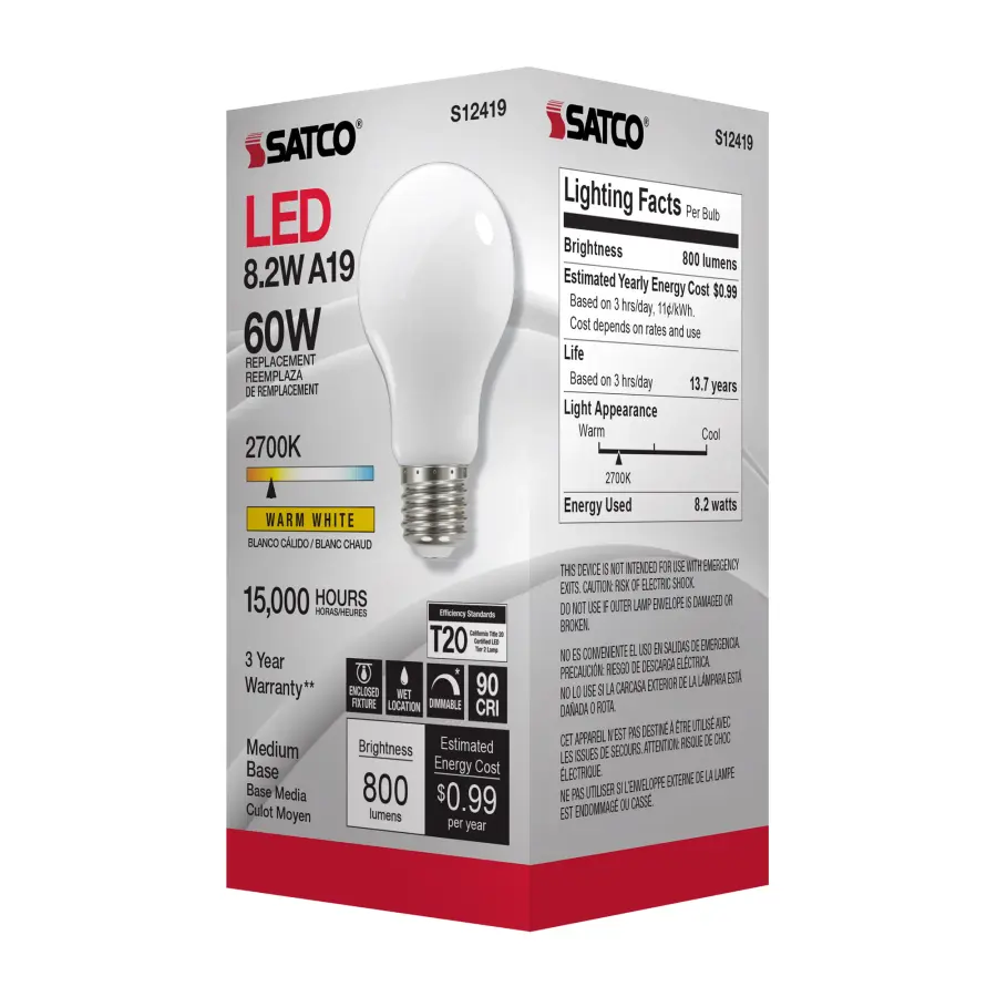 8.2 Watt A19 LED Filament - Soft White - Medium Base - 2700K - 90 CRI - 120 Volt - Image 7