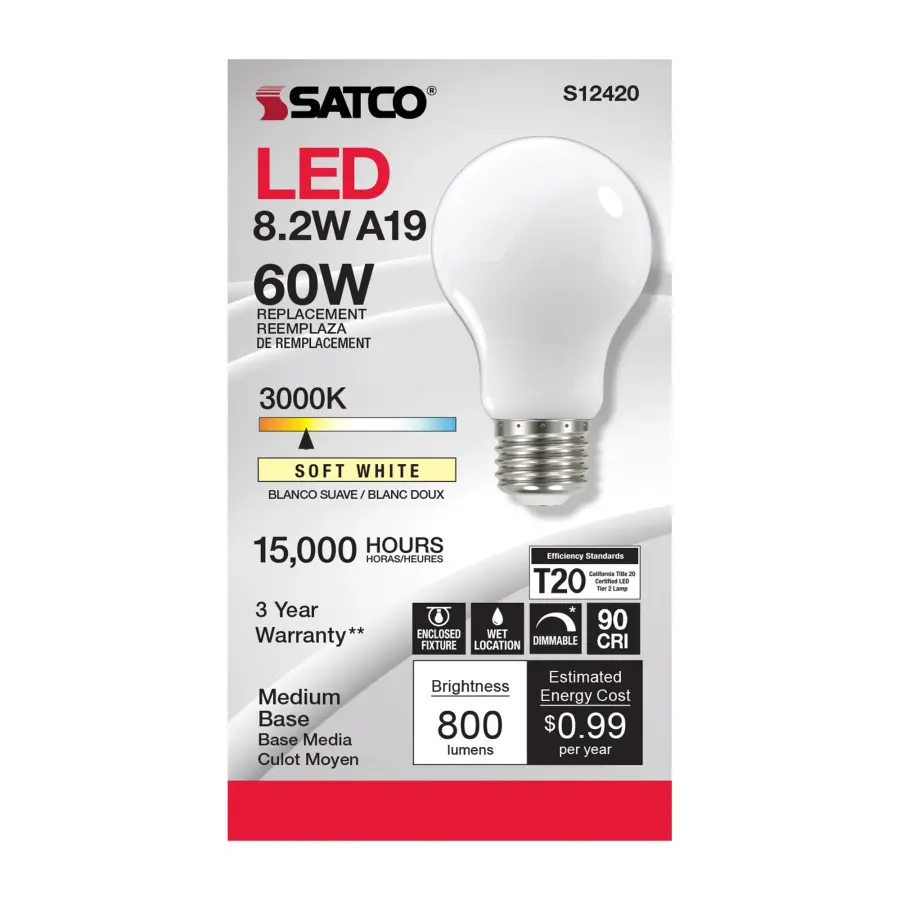 8.2 Watt A19 LED Filament - Soft White - Medium Base - 3000K - 90 CRI - 120 Volt - Image 2