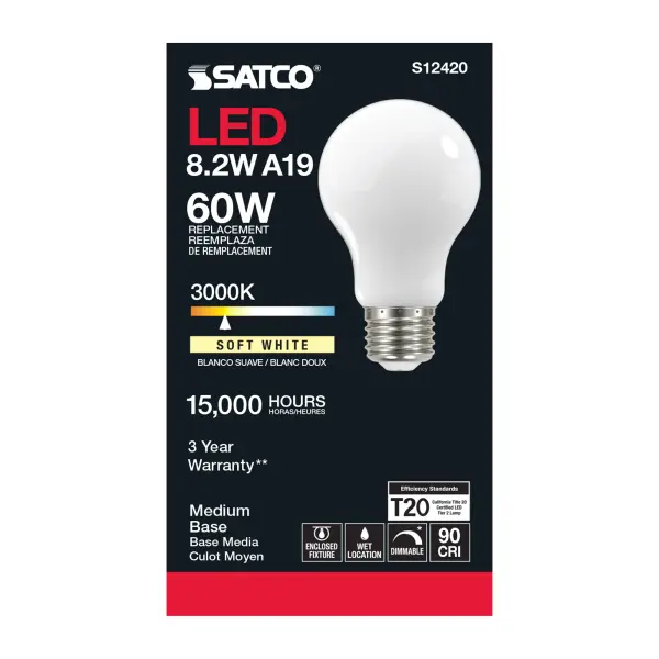 8.2 Watt A19 LED Filament - Soft White - Medium Base - 3000K - 90 CRI - 120 Volt - Image 3