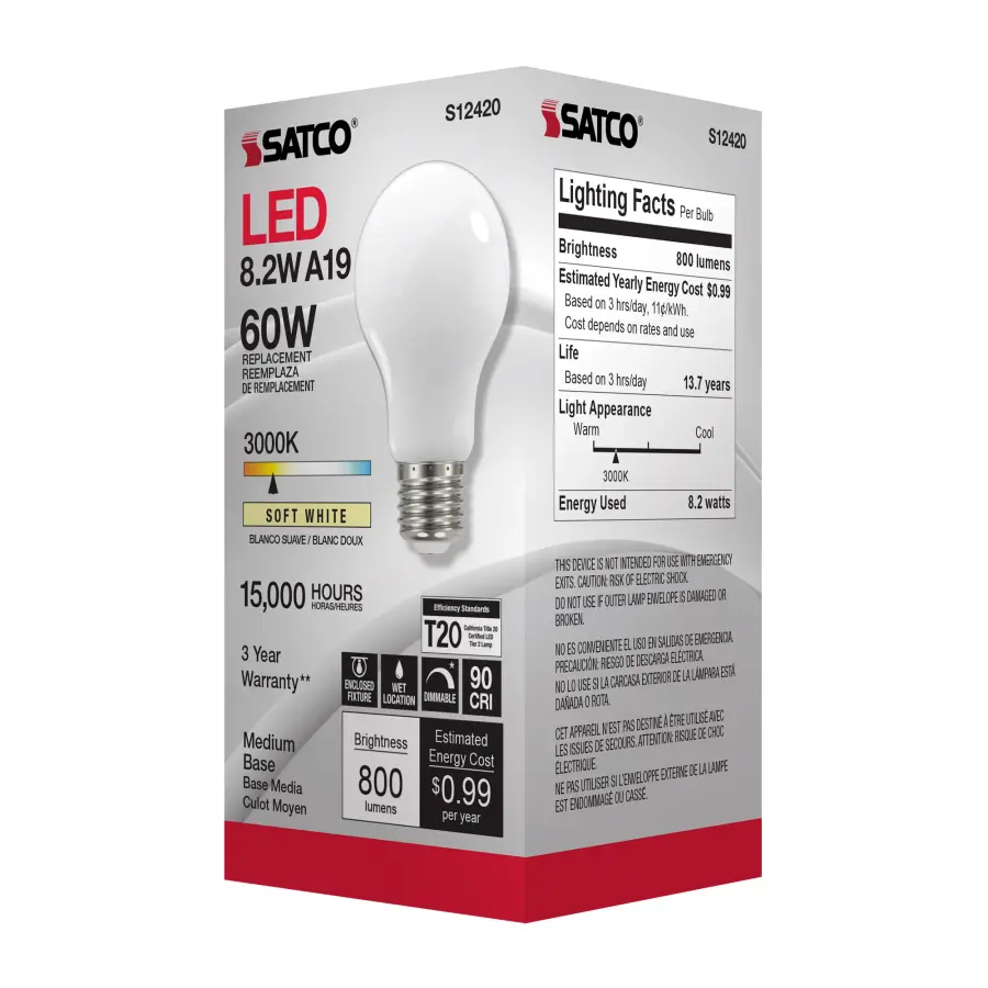 8.2 Watt A19 LED Filament - Soft White - Medium Base - 3000K - 90 CRI - 120 Volt - Image 7