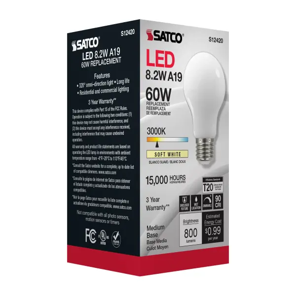 8.2 Watt A19 LED Filament - Soft White - Medium Base - 3000K - 90 CRI - 120 Volt - Image 8