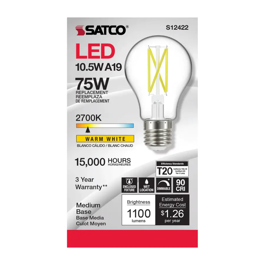 10.5 Watt A19 LED Filament - Clear - Medium Base - 2700K - 90 CRI - 120 Volt - Image 2