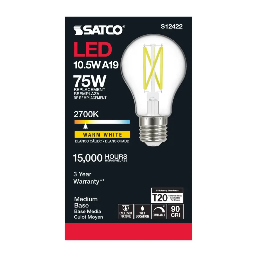 10.5 Watt A19 LED Filament - Clear - Medium Base - 2700K - 90 CRI - 120 Volt - Image 3
