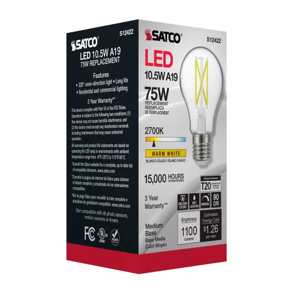10.5 Watt A19 LED Filament - Clear - Medium Base - 2700K - 90 CRI - 120 Volt - Image 8