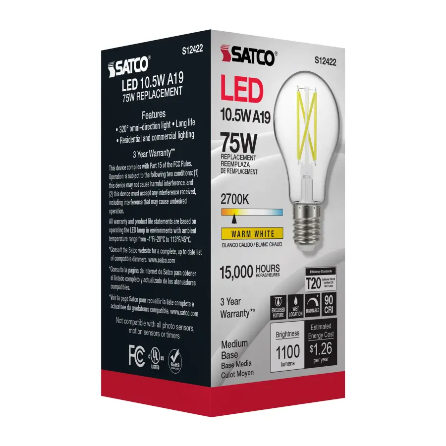10.5 Watt A19 LED Filament - Clear - Medium Base - 2700K - 90 CRI - 120 Volt - Image 8