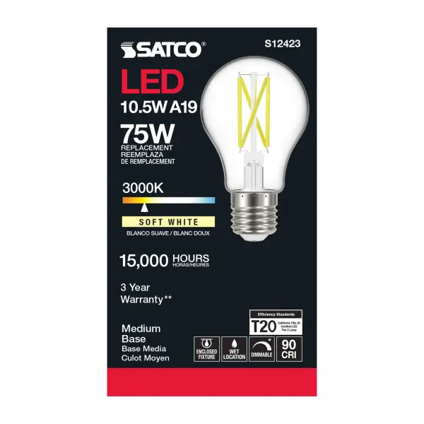 10.5 Watt A19 LED Filament - Clear - Medium Base - 3000K - 90 CRI - 120 Volt - Image 3