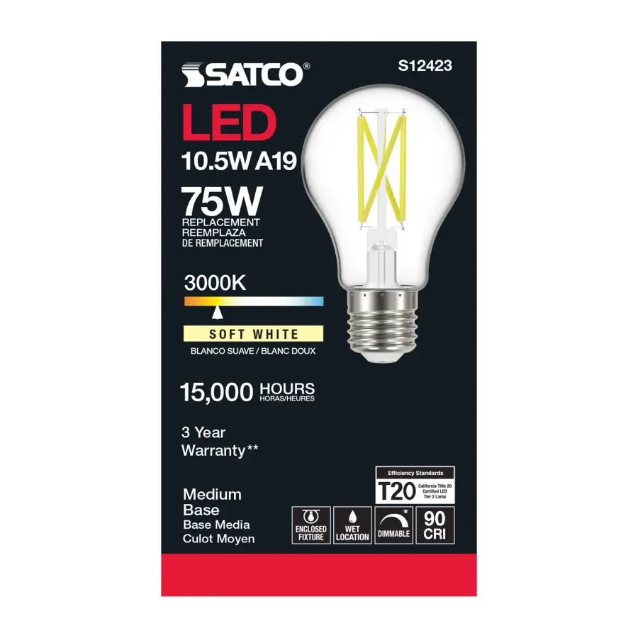 10.5 Watt A19 LED Filament - Clear - Medium Base - 3000K - 90 CRI - 120 Volt - Image 3
