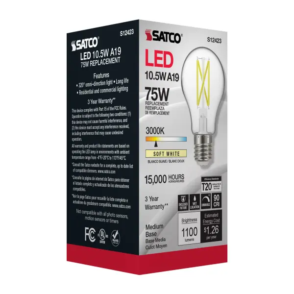 10.5 Watt A19 LED Filament - Clear - Medium Base - 3000K - 90 CRI - 120 Volt - Image 8