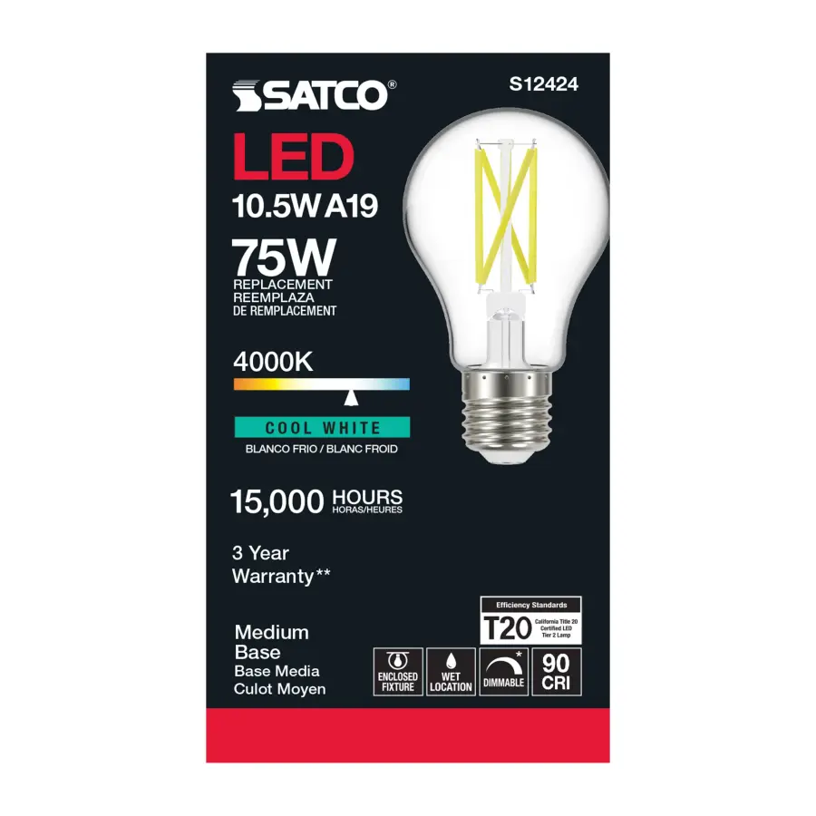 10.5 Watt A19 LED Filament - Clear - Medium Base - 4000K - 90 CRI - 120 Volt - Image 3