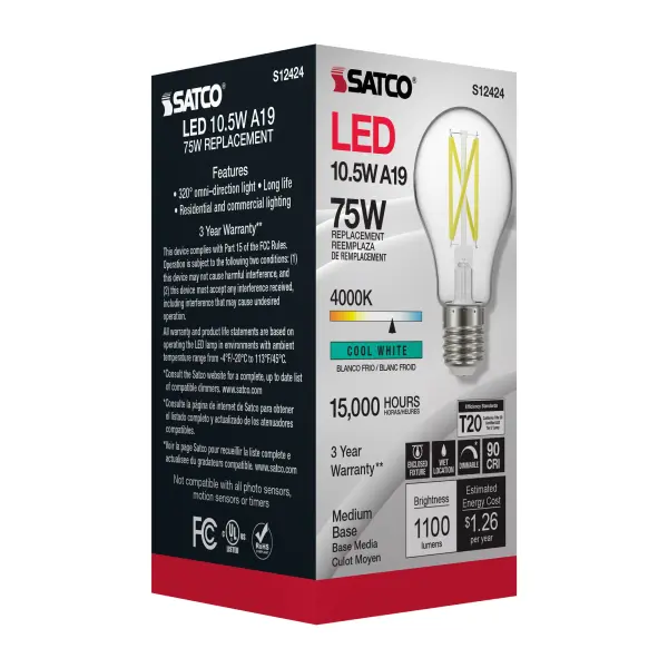 10.5 Watt A19 LED Filament - Clear - Medium Base - 4000K - 90 CRI - 120 Volt - Image 8