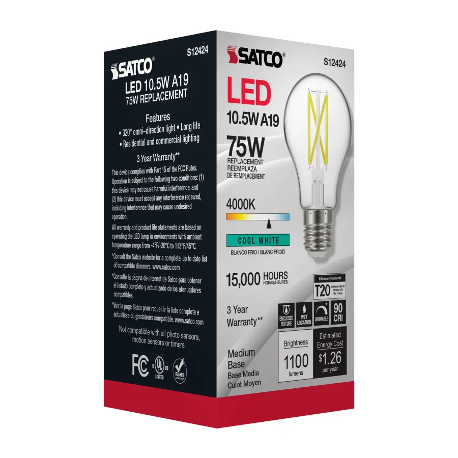 10.5 Watt A19 LED Filament - Clear - Medium Base - 4000K - 90 CRI - 120 Volt - Image 8