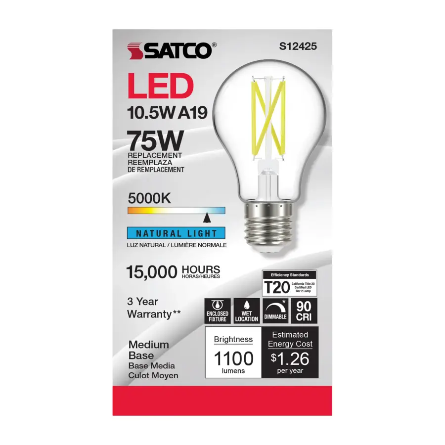 10.5 Watt A19 LED Filament - Clear - Medium Base - 5000K - 90 CRI - 120 Volt - Image 2