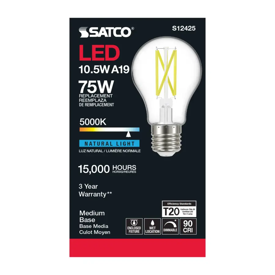 10.5 Watt A19 LED Filament - Clear - Medium Base - 5000K - 90 CRI - 120 Volt - Image 3