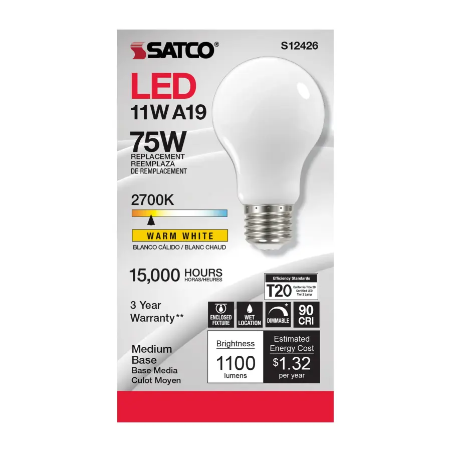 11 Watt A19 LED Filament - Soft White - Medium Base - 2700K - 90 CRI - 120 Volt - Image 2